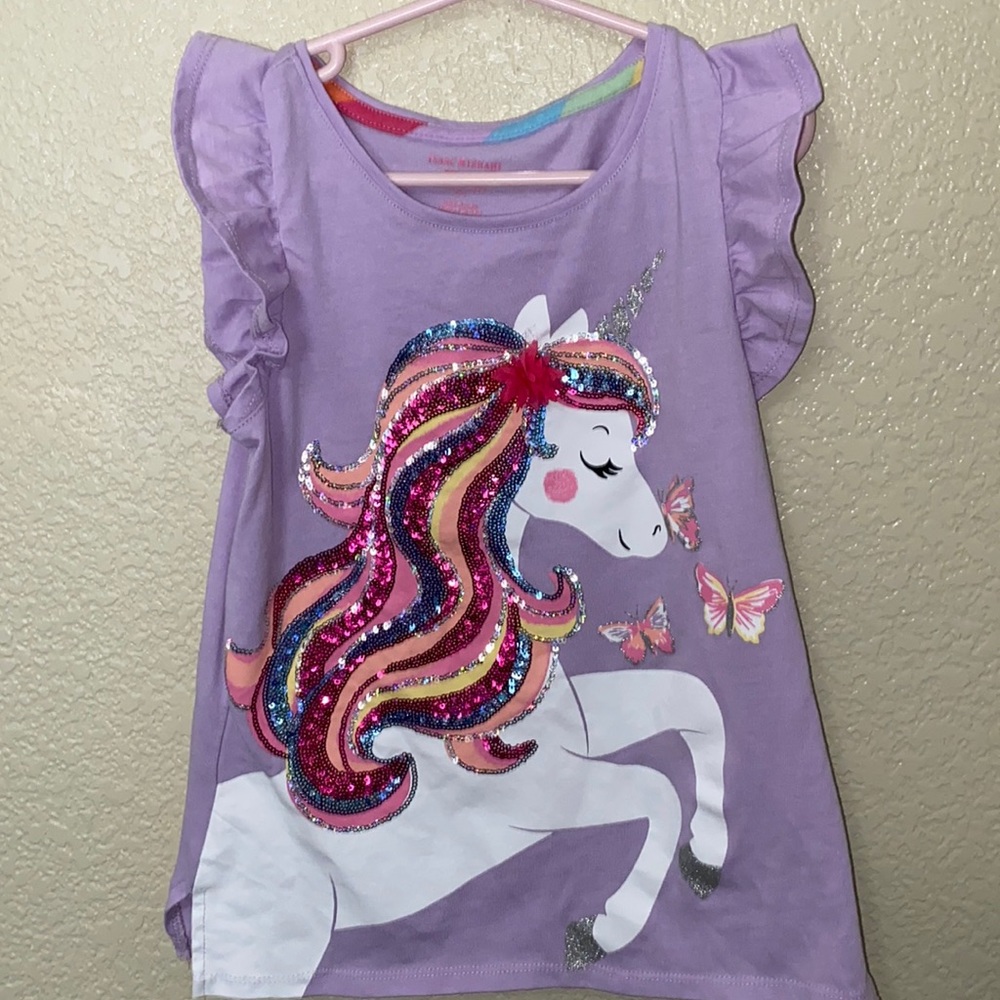 NWT, Isaac Mizrahi, short sleeve tee, purple with unicorn & butterfly accents